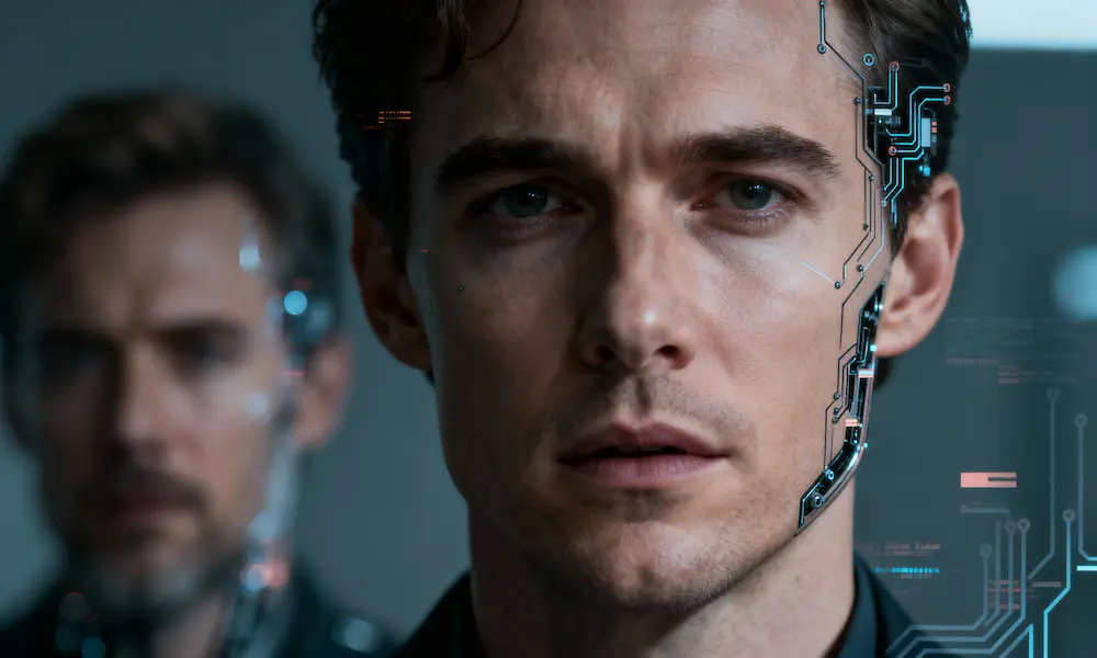 Photorealistic montage of celebrity portraits with subtle glitch and robotic overlay effects suggesting Robo-Replicant theory.