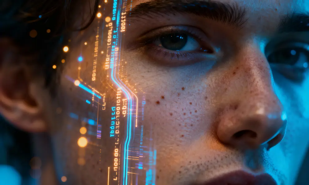Photorealistic human face partially covered by cascading digital code representing cultural impact of Robo-Replicant themes.