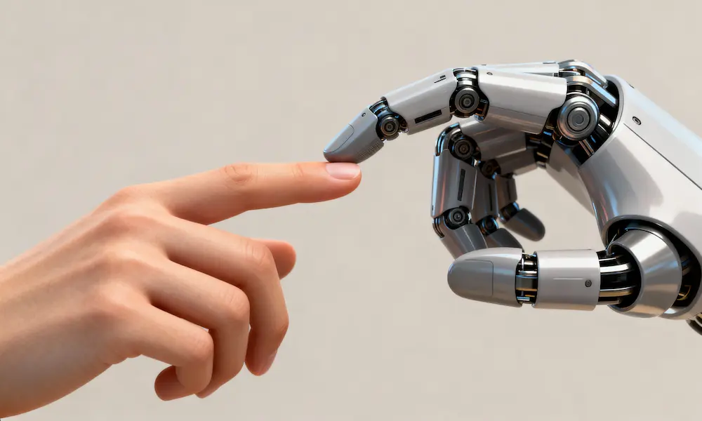 Photorealistic image of a human hand and a robotic hand touching fingertips symbolizing ethical and philosophical connection.