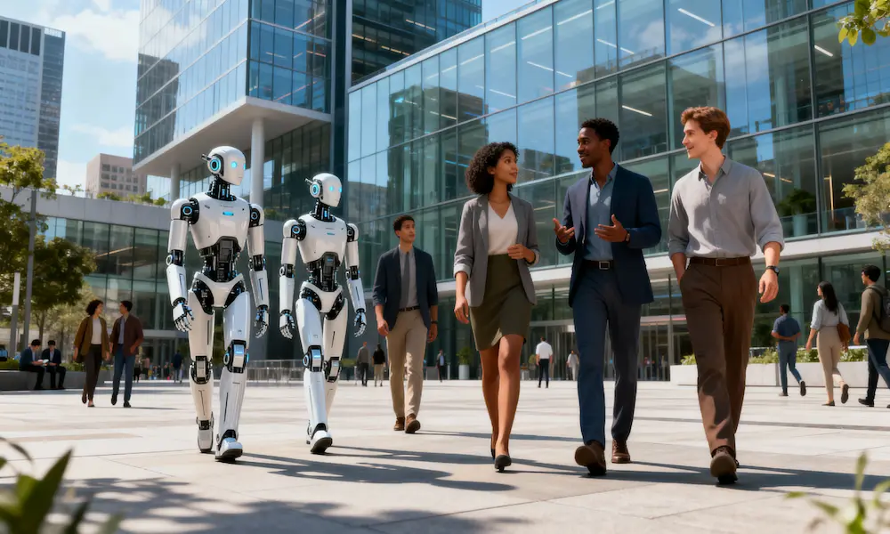 Photorealistic image of humans and robots interacting in a futuristic city plaza.