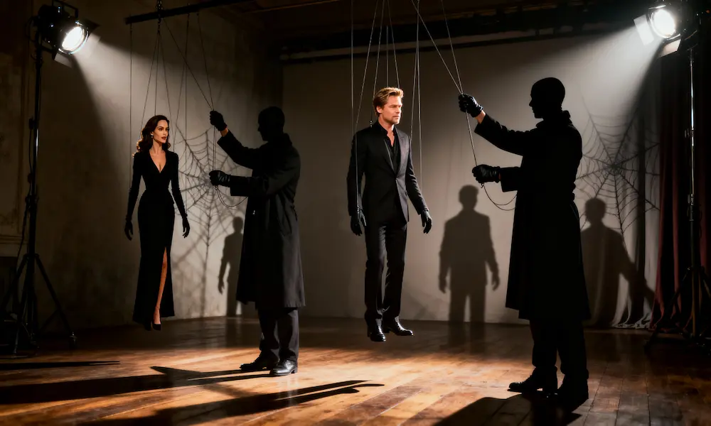 Shadowy figures controlling puppet strings over celebrity silhouettes, symbolizing secret society conspiracy.