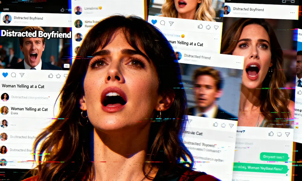Photorealistic collage of social media posts, viral memes, and blurred celebrity images representing misinformation around Robo-Replicant theories.