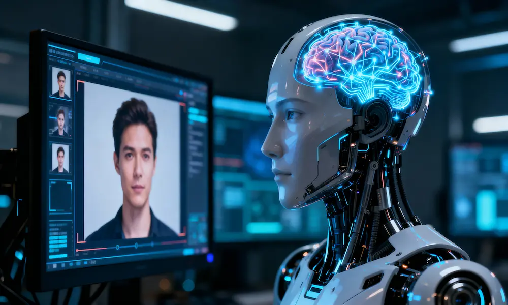 Photorealistic infographic of humanoid robot, AI brain, and deepfake video technology.