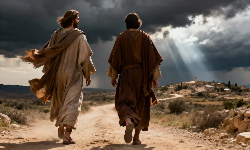Dramatic storm clouds and two disciples on a road, symbolizing the “Sons of Thunder” zeal transformed by Christ’s mercy