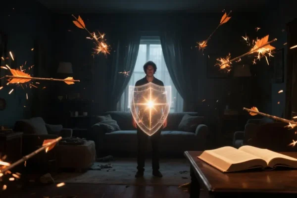 A person stands in a dark living room, surrounded by a glowing shield as fiery arrows bounce off; an open Bible glows on a nearby table, symbolizing divine protection and victory.