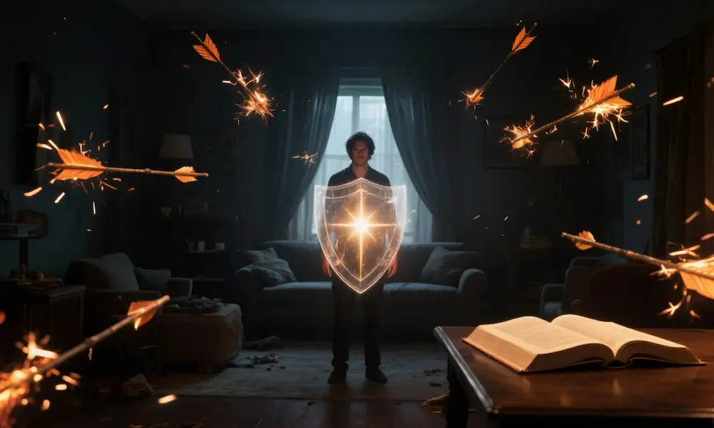A person stands in a dark living room, surrounded by a glowing shield as fiery arrows bounce off; an open Bible glows on a nearby table, symbolizing divine protection and victory.