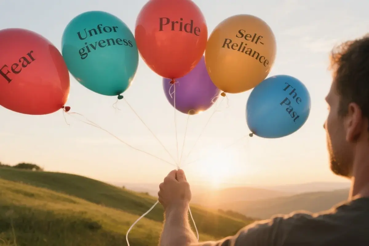 Over-the-shoulder view of a hand releasing five large balloons labeled Fear, Unforgiveness, Pride, Self-Reliance, and The Past at sunrise.