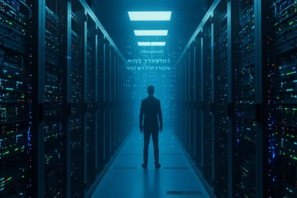 Silicon Valley tech executive standing before massive glowing AI servers with biblical prophecy symbols overlaying the scene, cinematic lighting