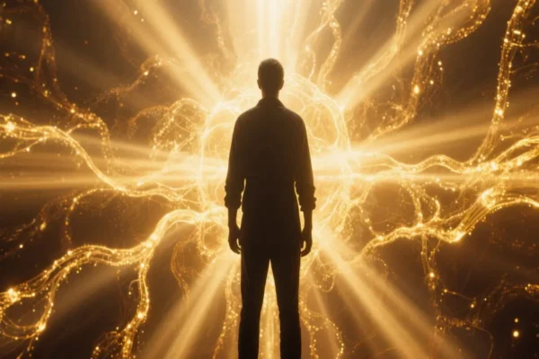 Ethereal figure contemplating glowing neural networks merging with divine light in cinematic style