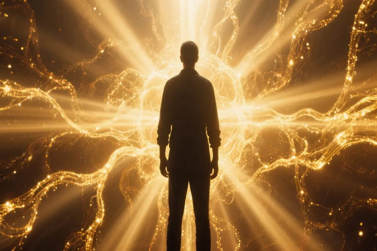 Ethereal figure contemplating glowing neural networks merging with divine light in cinematic style