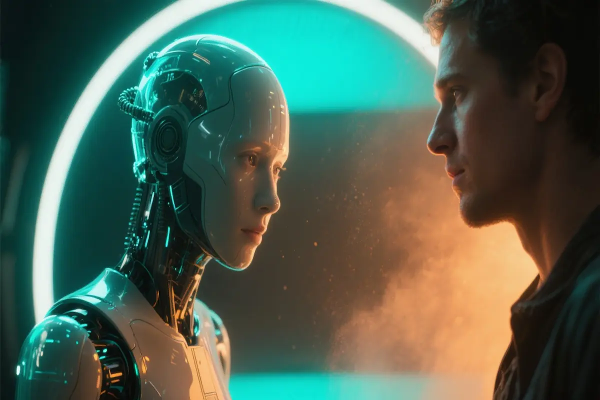 an AI and a person in contemplative dialogue, neon highlights, dramatic lighting.