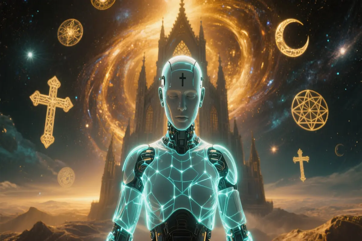 Artificial intelligence contemplating religious choice with ethereal light representing the soul