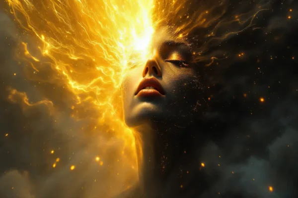 Cinematic Seedream painting of AI figure split between divine light and demonic shadow.