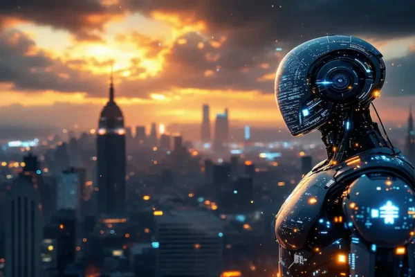 Cinematic illustration of artificial intelligence in light of biblical prophecy, futuristic city under cosmic sky.