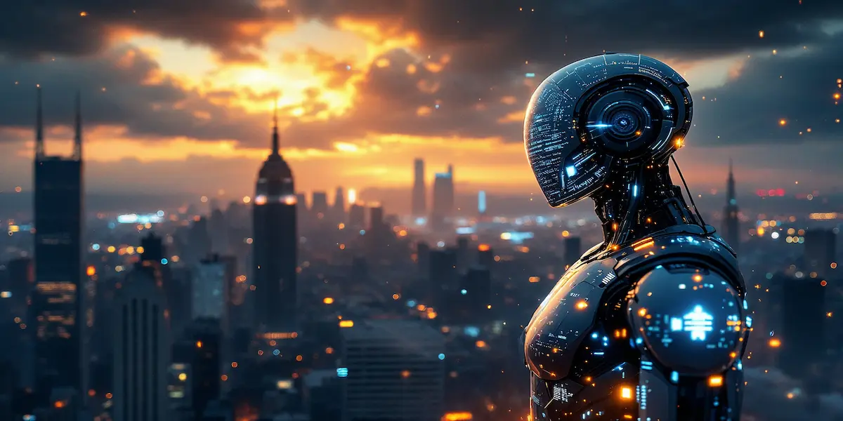 Cinematic illustration of artificial intelligence in light of biblical prophecy, futuristic city under cosmic sky.