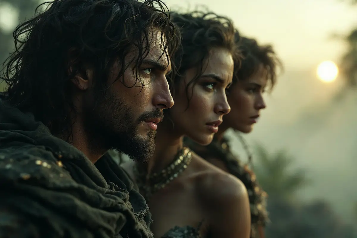 Adam, Eve, Cain, and Abel in a dramatic ancient landscape, symbolizing the beginning of humanity’s story.