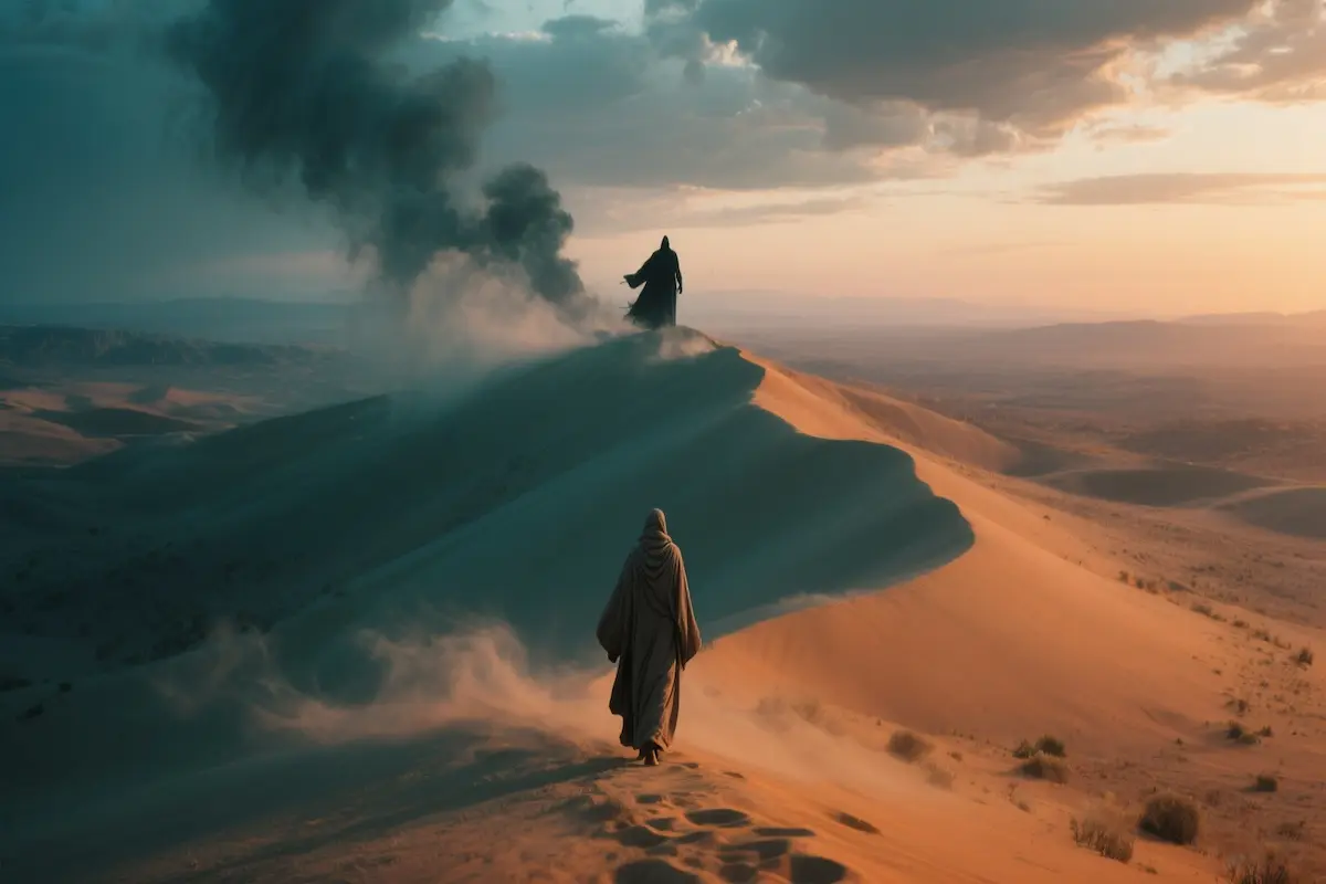 Cinematic desert horizon with a lone figure walking toward a distant, shadowy silhouette of an adversary beneath a brooding sky.
