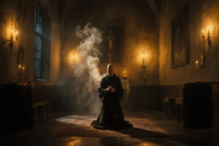 Exorcism room, priest praying in golden light as a shadowed voice of mockery fills the air.