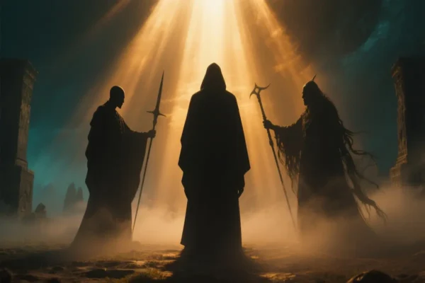 Cinematic scene showing three shadowy figures representing the devil's weapons of deception, temptation, and cultural influence against golden light
