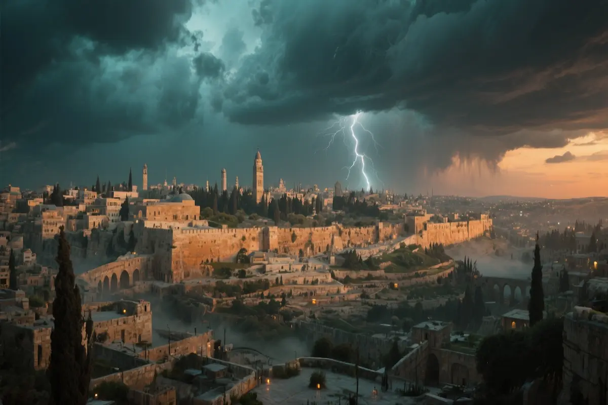 Jerusalem beneath thunderclouds, foreshadowing the rise of the Antichrist in Bible prophecy.