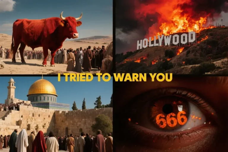 Biblical prophecy warning showing red heifer, burning Hollywood sign, Jerusalem temple, and the mark of the beast