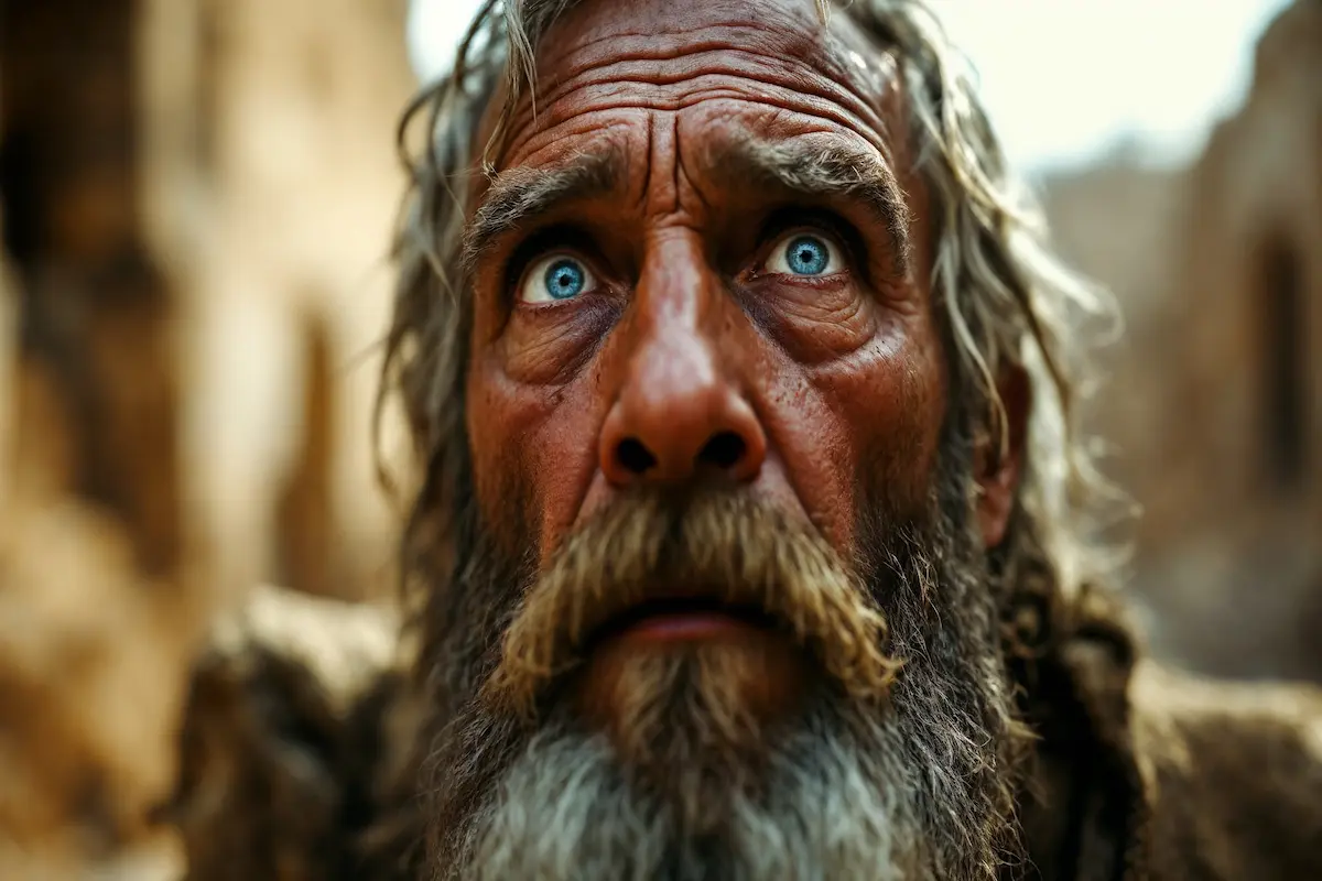 Cinematic close-up of Enoch, an ancient man with blue eyes and a rugged beard, gazing upward in awe against a biblical city backdrop.