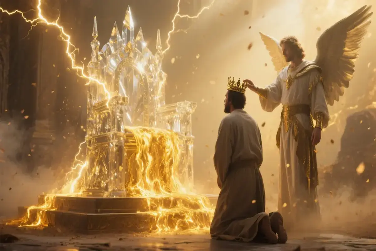 Enoch before the Throne of the Most High, living light and rivers of gold-fire, cinematic composition.
