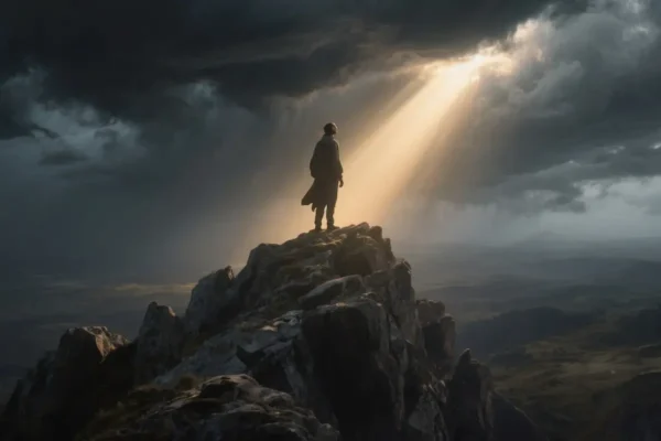 A person standing strong in a storm, illuminated by a ray of light breaking through dark clouds, symbolizing faith and resilience during trials.
