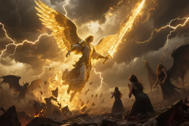 Archangel Michael descending in fire and storm, sword blazing as heaven’s wrath falls on earth.