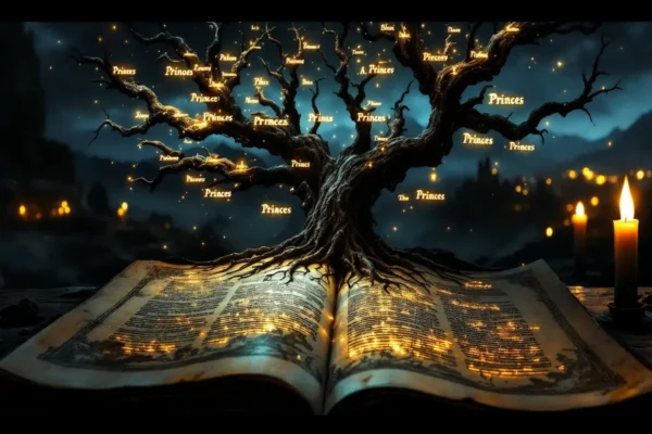 Cinematic map-like family tree rising from an ancient manuscript under a smoky twilight sky.