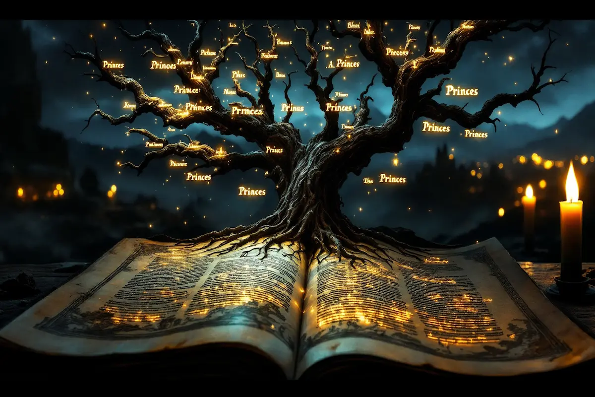 Cinematic map-like family tree rising from an ancient manuscript under a smoky twilight sky.