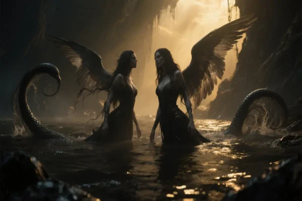 Dark gothic illustration of wives of fallen angels after Noah’s Flood, symbolic sirens rising from shadows.