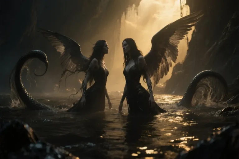 Dark gothic illustration of wives of fallen angels after Noah’s Flood, symbolic sirens rising from shadows.
