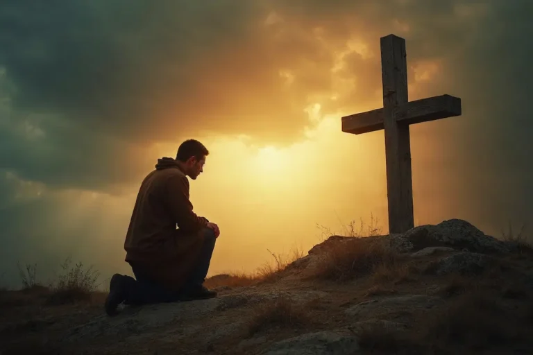 Person kneeling before cross in surrender, symbolizing saving faith