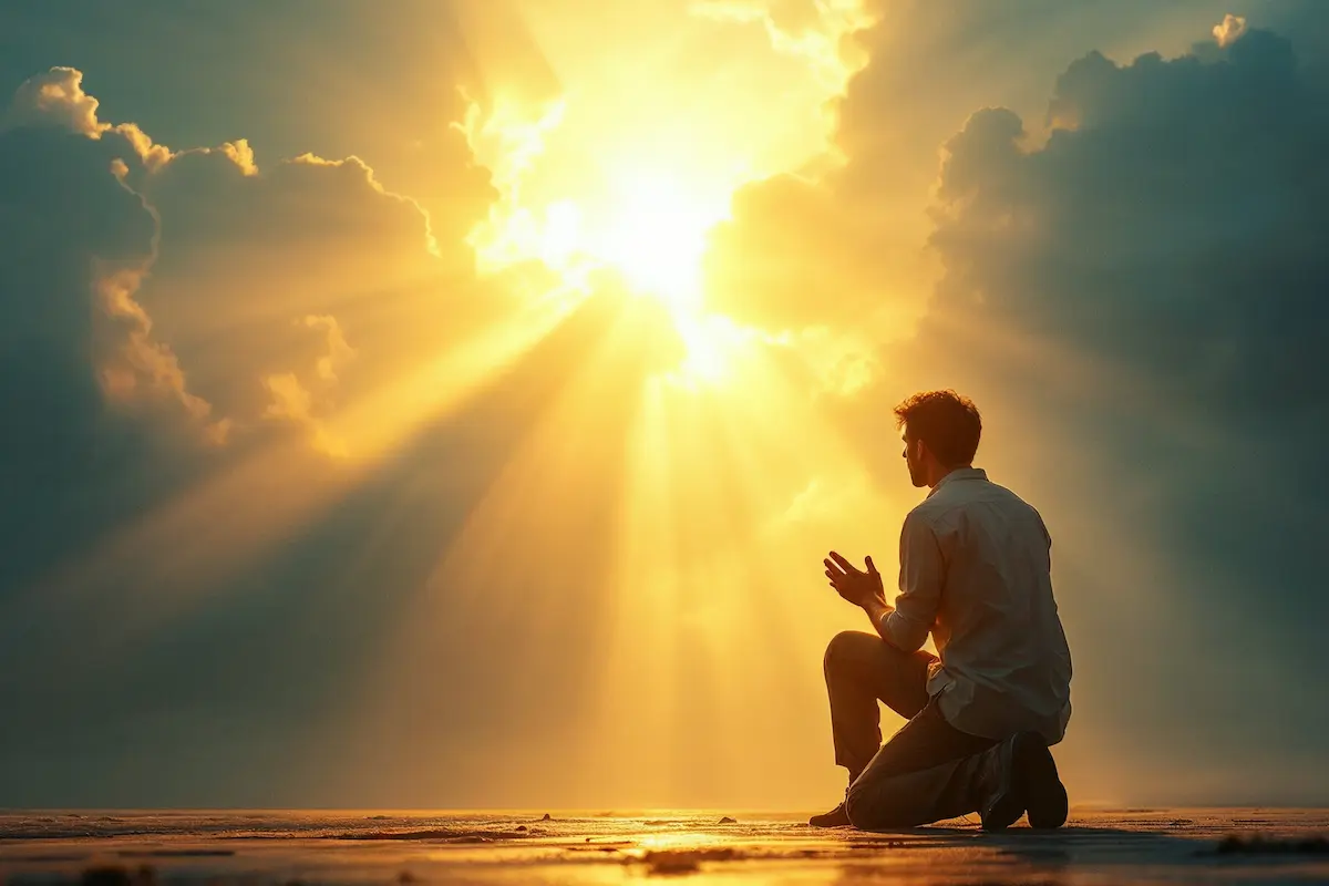 Person kneeling in prayer seeking God's forgiveness for repetitive sins with light breaking through darkness