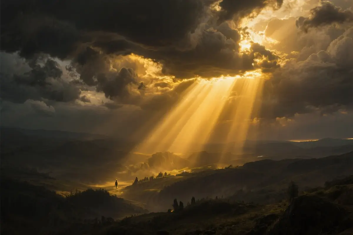 A radiant light breaking through dark storm clouds, symbolizing divine revelation and victory over hidden enemies