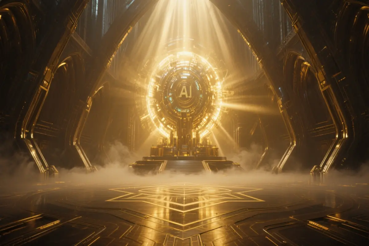 Elon Musk’s Grok AI visualized as a hyper-intelligent system illuminated by divine light.