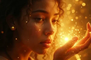 God wiping away tears in heaven (Revelation 21:4) with broken chains of suffering