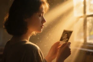Person holding a photograph in a sunlit room, reflecting on loved ones in heaven.