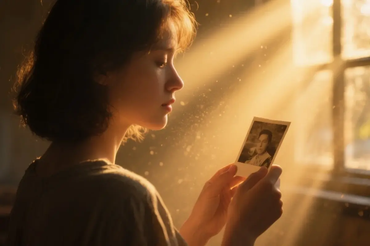 Person holding a photograph in a sunlit room, reflecting on loved ones in heaven.