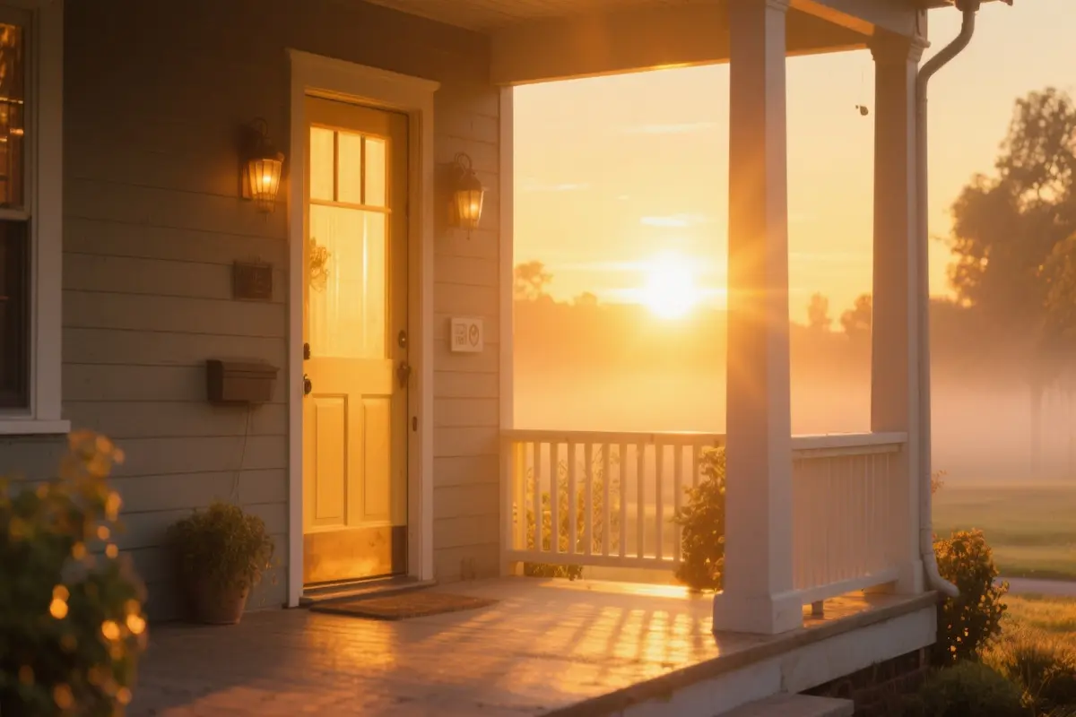 Sunrise light streaming through an open doorway, symbolizing a blessed morning.