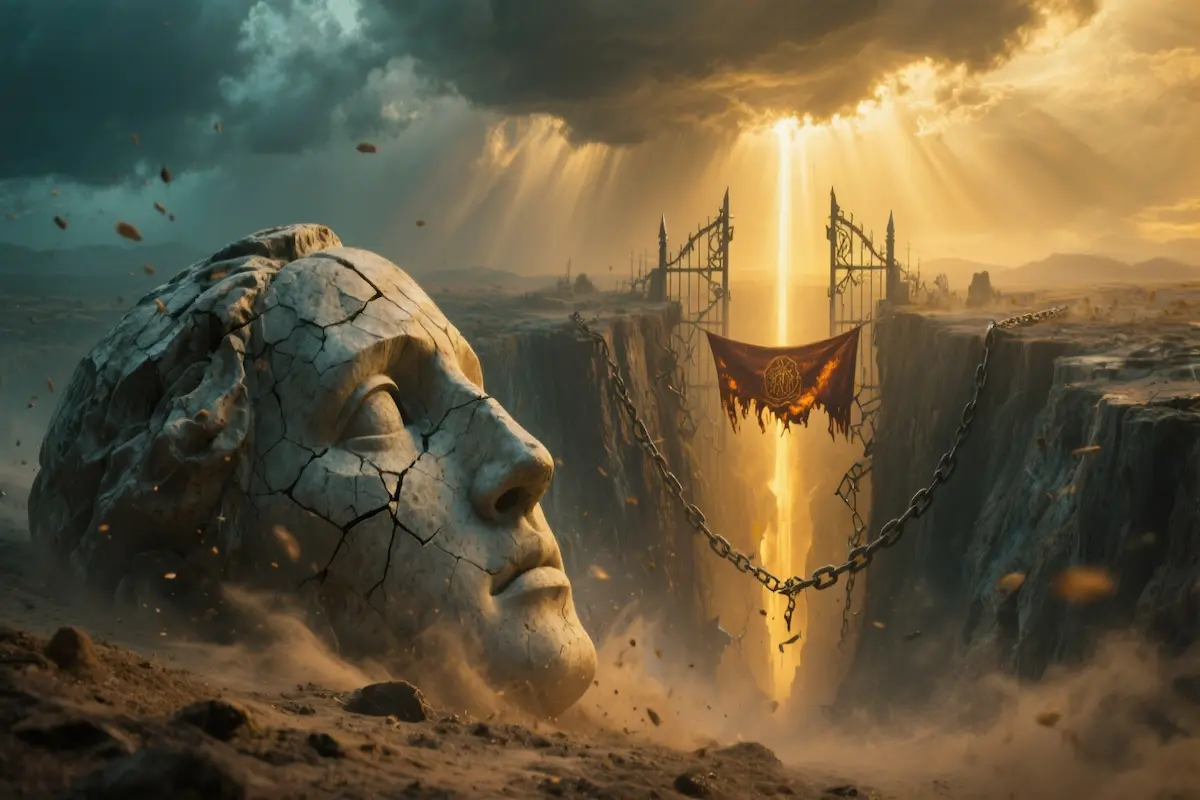 Monumental cracked statue head beside a yawning abyss under a stormy golden‑hour sky, a single piercing beam of light cutting through the clouds — cinematic symbol of the Nephilim, the abyss, and the kingdom reclaiming the land.