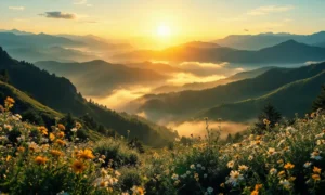 Golden sunrise over a mountain valley, representing hope and the gift of salvation through Jesus Christ.