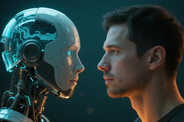 Side view of an AI robot with glowing blue circuitry facing a young man