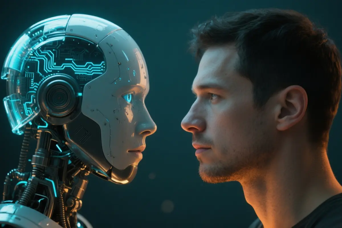 Side view of an AI robot with glowing blue circuitry facing a young man