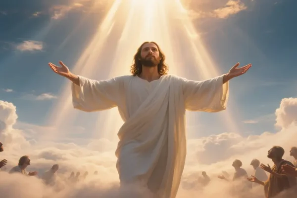 Jesus welcoming souls into heaven with open arms in golden divine light, cinematic biblical scene