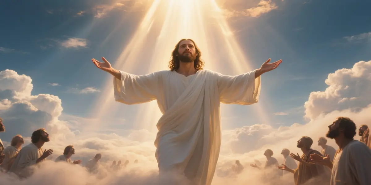 Jesus welcoming souls into heaven with open arms in golden divine light, cinematic biblical scene