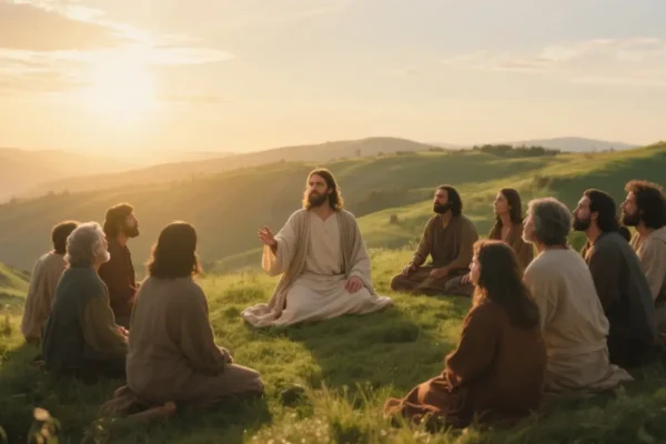 Jesus teaching disciples to pray, serene setting, correct way to talk to God