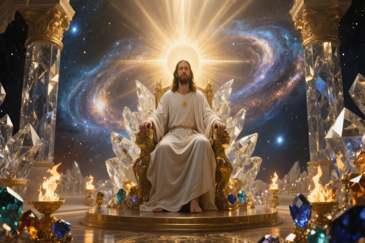 Jesus on the eternal throne sustaining creation during Lucifer's rebellion in heaven
