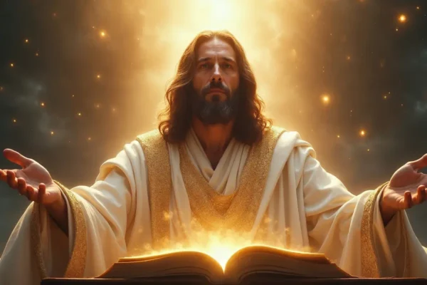 Jesus as righteous judge on Judgment Day" / Description: "Awe-inspiring depiction of Jesus judging humanity with divine authority